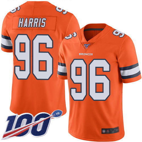 Men Denver Broncos #96 Shelby Harris Limited Orange Rush Vapor Untouchable 100th Season Football NFL Jersey